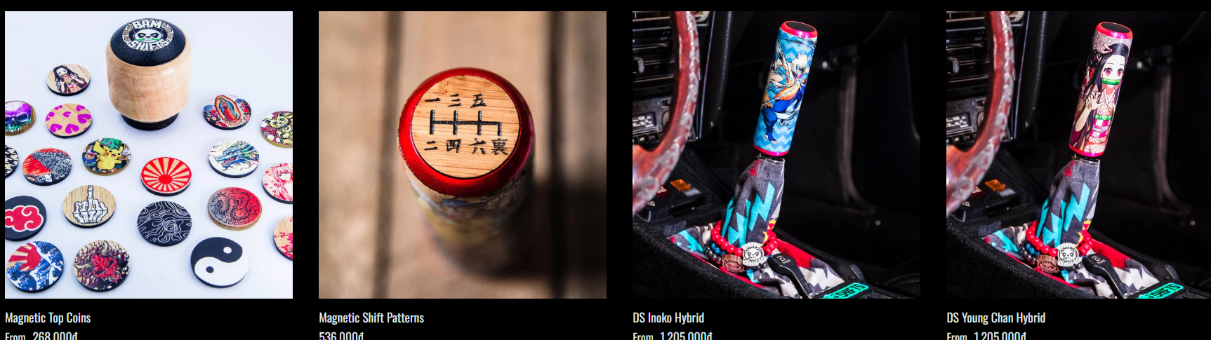 Bam Shifts shift knobs product lineup including Magnetic Top Coins, Magnetic Shift Patterns, DS Inoko Hybrid, and DS Young Chan Hybrid.