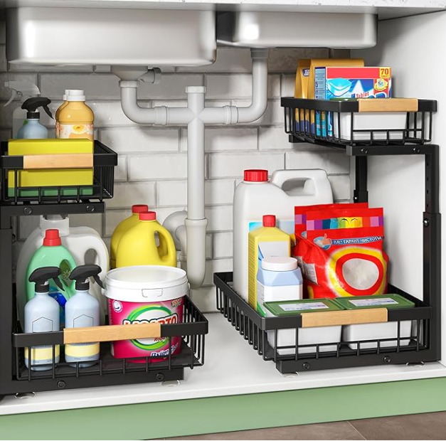 2 tier under sink organizer sliding storage rack for small kitchen cabinet