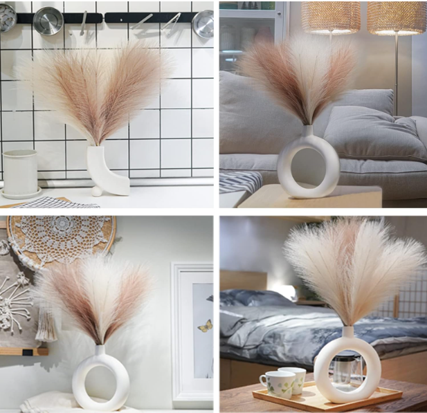 Faux pampas grass decor arrangement in neutral vase living room decor