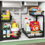 under sink organizer for kitchen cabinet storage with cleaning supplies and bottles
