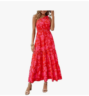 red floral one shoulder maxi dress for outdoor wedding guest on Amazon