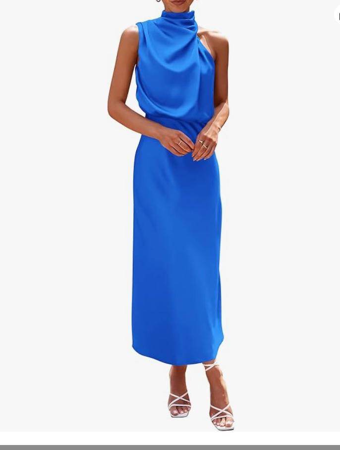 blue satin mock neck maxi dress for wedding guest elegant style on Amazon
